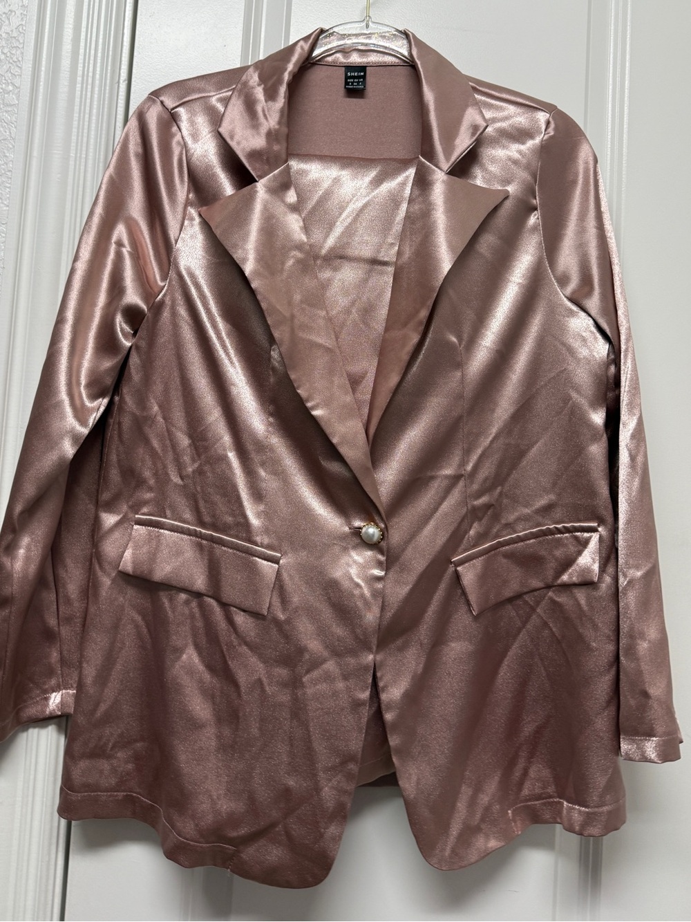 SHEIN Rose Gold Satin Pearl-Button Blazer and pants suit